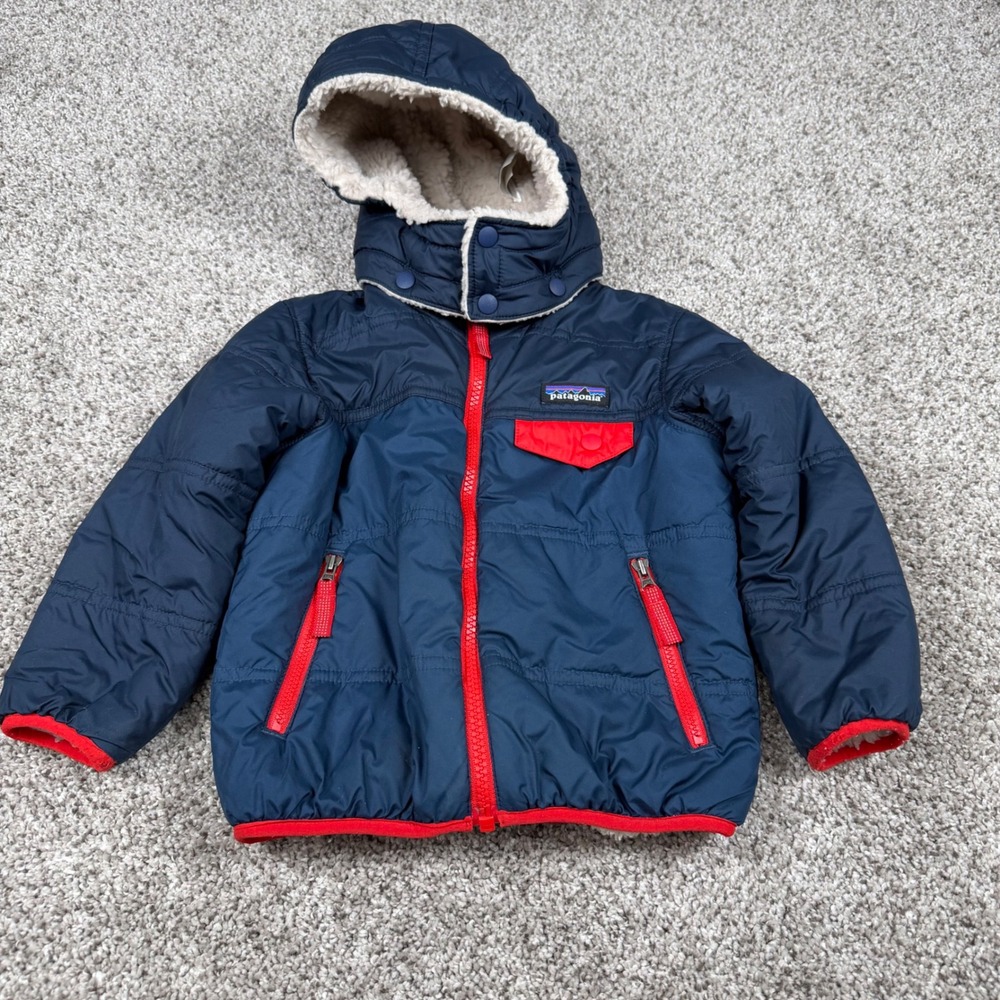 Patagonia Tribbles Reversible Hooded Fleece Jacket Navy Blue Cream Red Kids 3T
